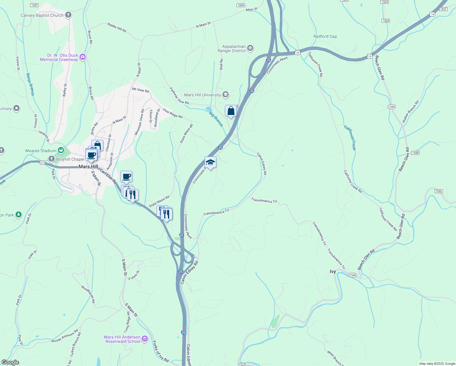 map of restaurants, bars, coffee shops, grocery stores, and more near 37 Valley Drive in Mars Hill