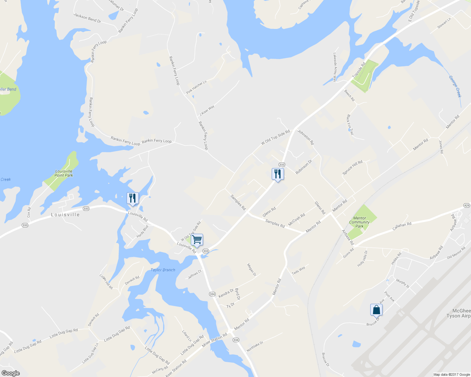 map of restaurants, bars, coffee shops, grocery stores, and more near 3042 Samples Road in Louisville