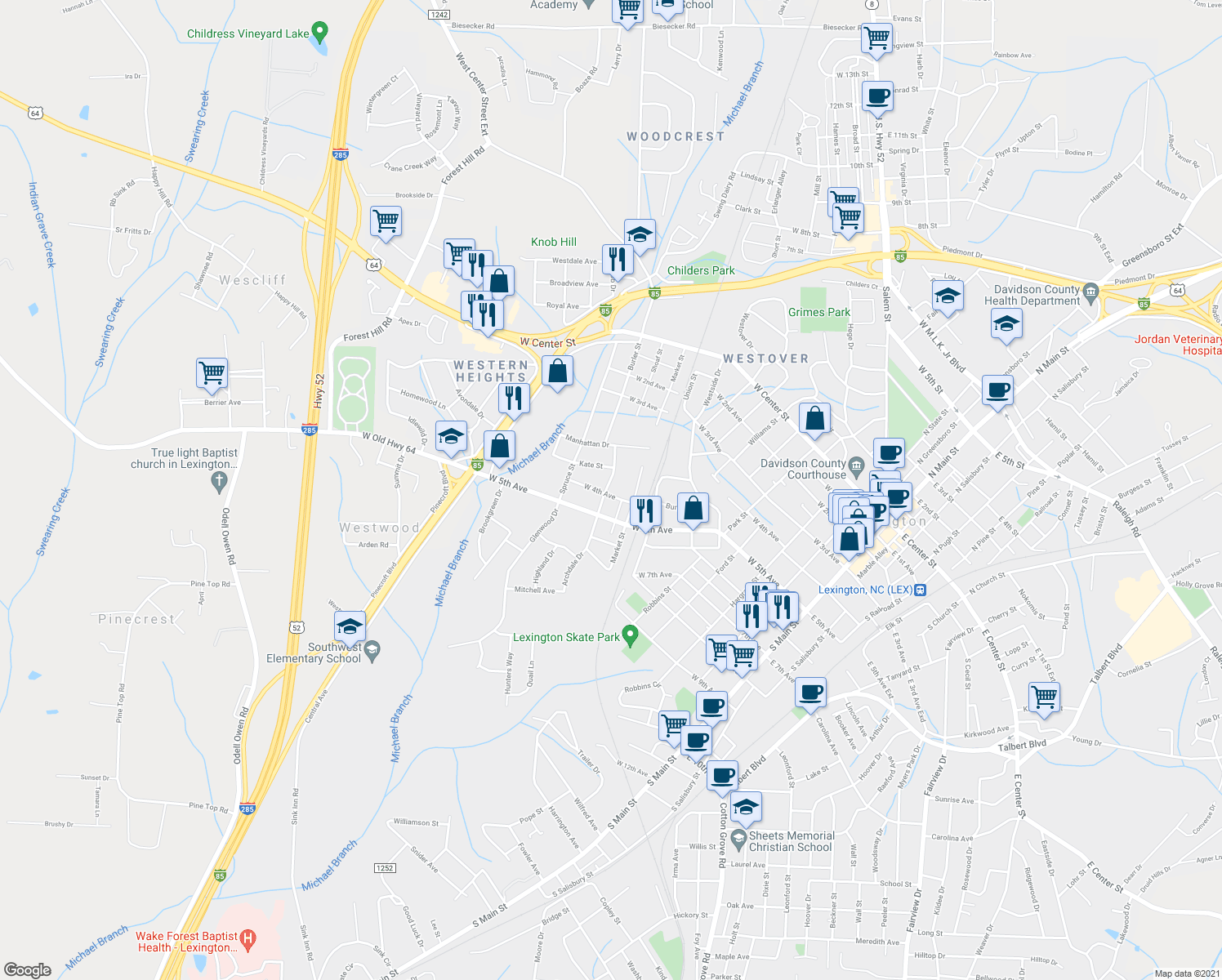 map of restaurants, bars, coffee shops, grocery stores, and more near 720 West 4th Avenue in Lexington