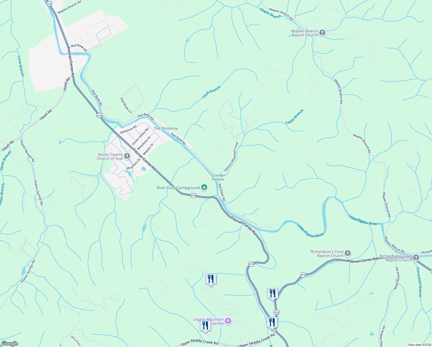 map of restaurants, bars, coffee shops, grocery stores, and more near 2005 Red Bank Road in Sevierville
