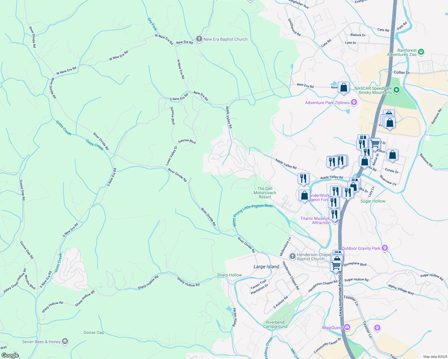 map of restaurants, bars, coffee shops, grocery stores, and more near 2259 Marshall Springs Way in Sevierville