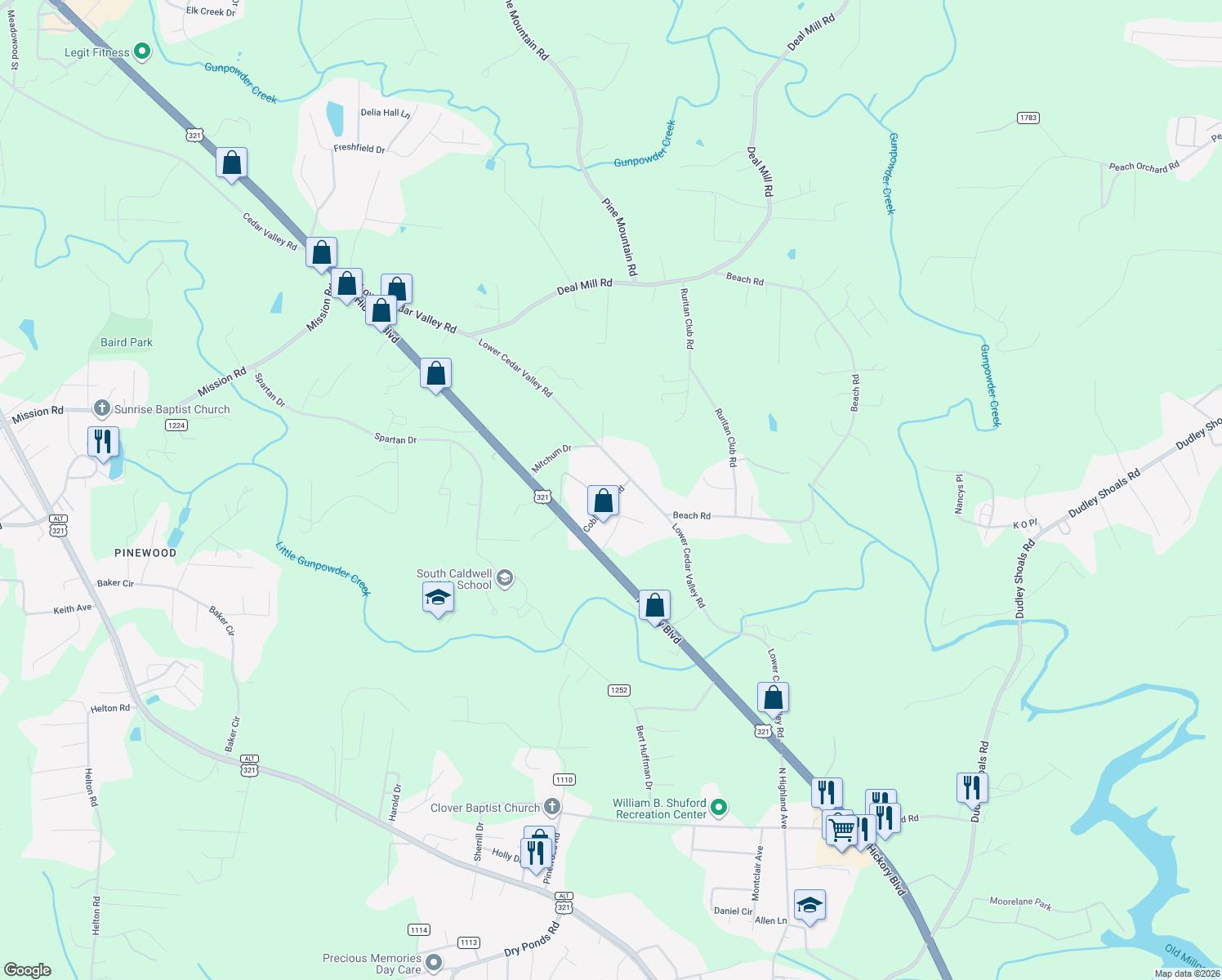 map of restaurants, bars, coffee shops, grocery stores, and more near 3260 Coble Dairy Road in Hudson