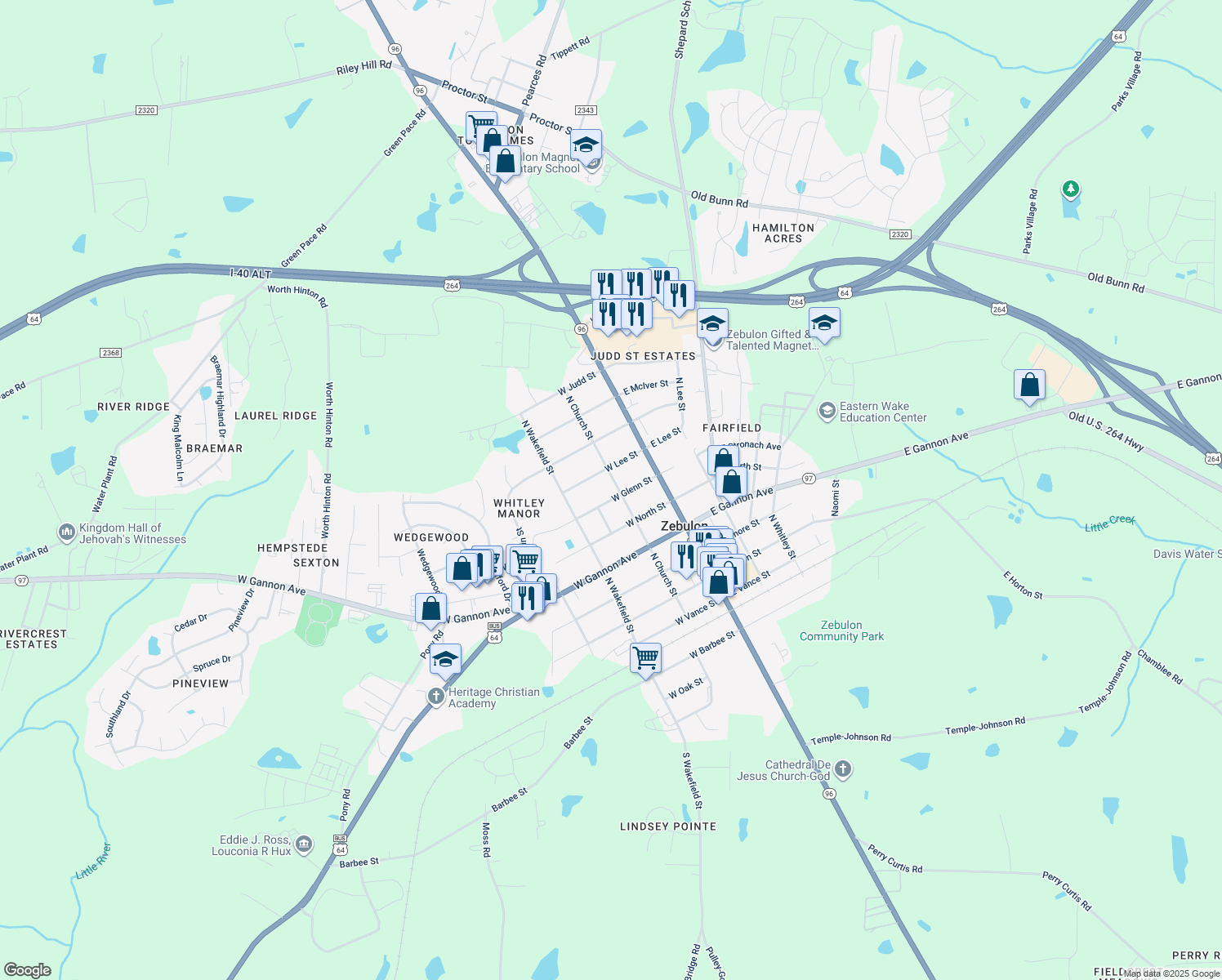 map of restaurants, bars, coffee shops, grocery stores, and more near 607 North Church Street in Zebulon