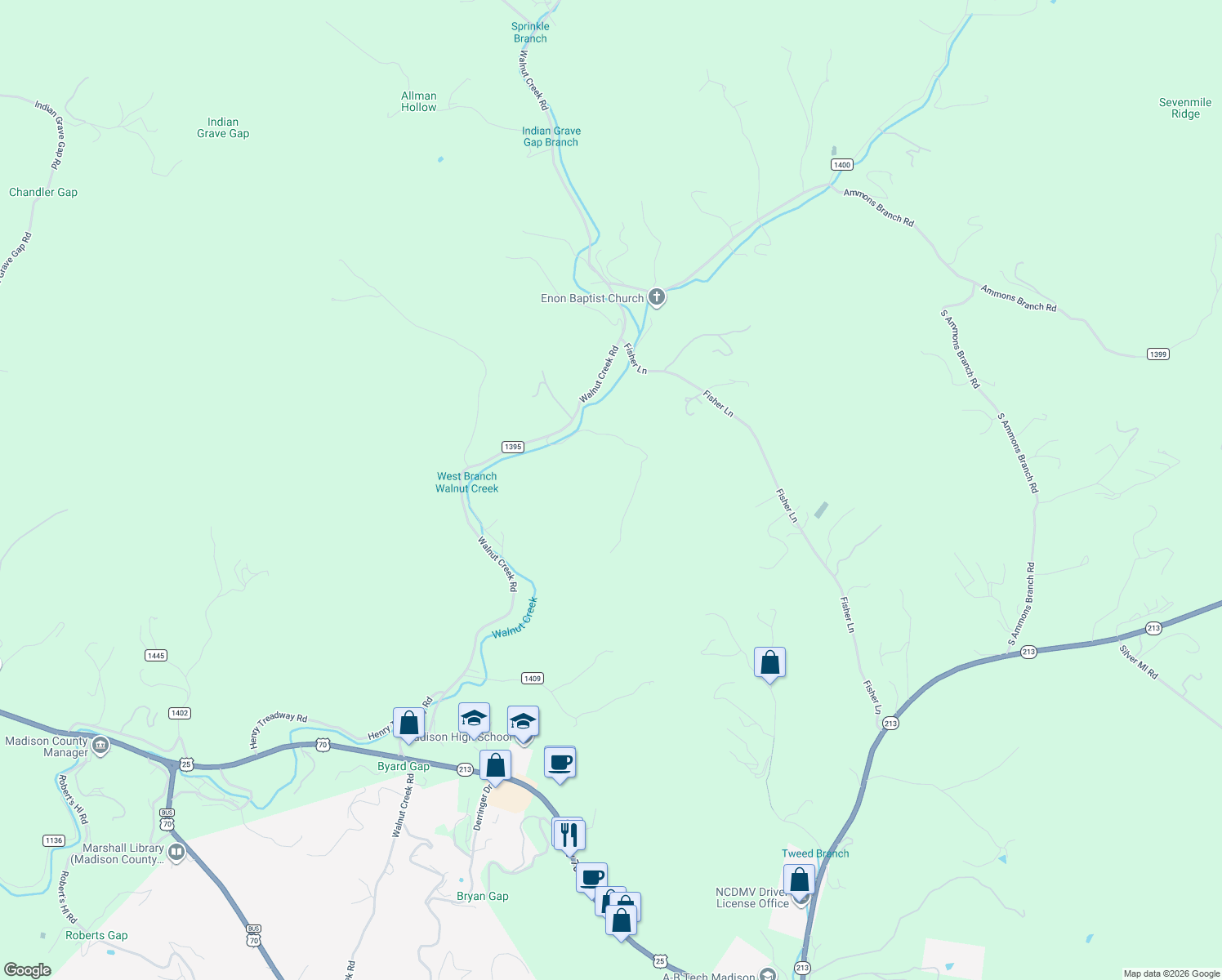 map of restaurants, bars, coffee shops, grocery stores, and more near 2200 Walnut Creek Road in Marshall