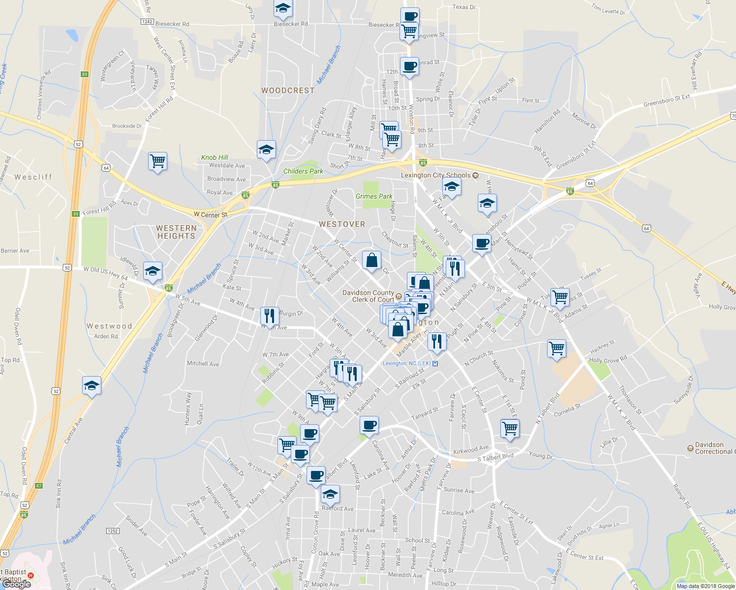 map of restaurants, bars, coffee shops, grocery stores, and more near 139 West 1st Avenue in Lexington