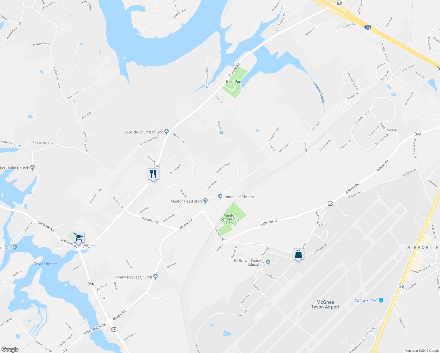 map of restaurants, bars, coffee shops, grocery stores, and more near 2829 Spruce Hill Road in Louisville