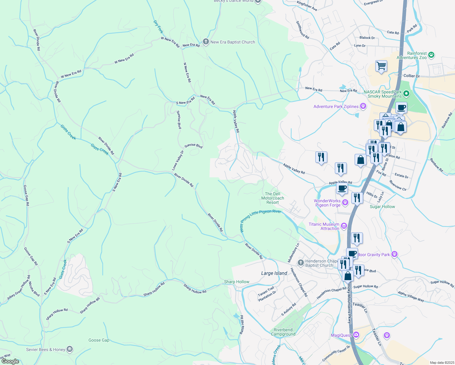 map of restaurants, bars, coffee shops, grocery stores, and more near 2259 Marshall Springs Way in Sevierville