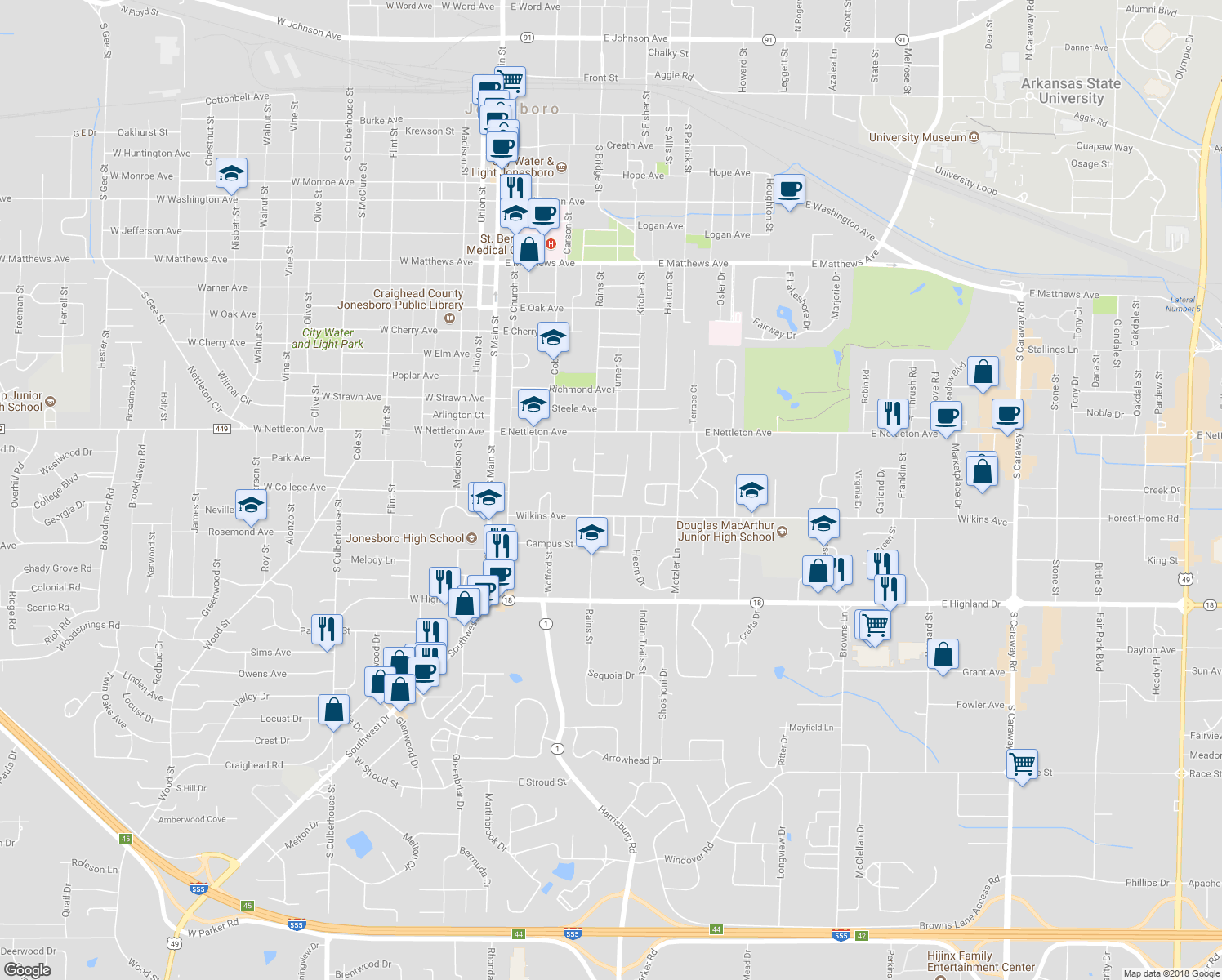 map of restaurants, bars, coffee shops, grocery stores, and more near 508 East College Avenue in Jonesboro