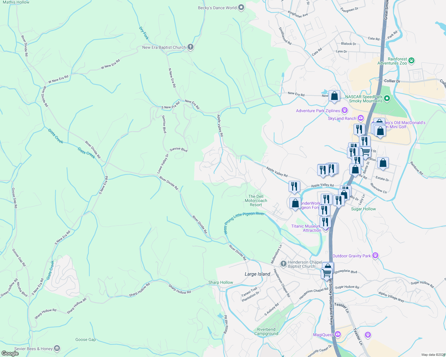 map of restaurants, bars, coffee shops, grocery stores, and more near 4129 Silver Way in Sevierville