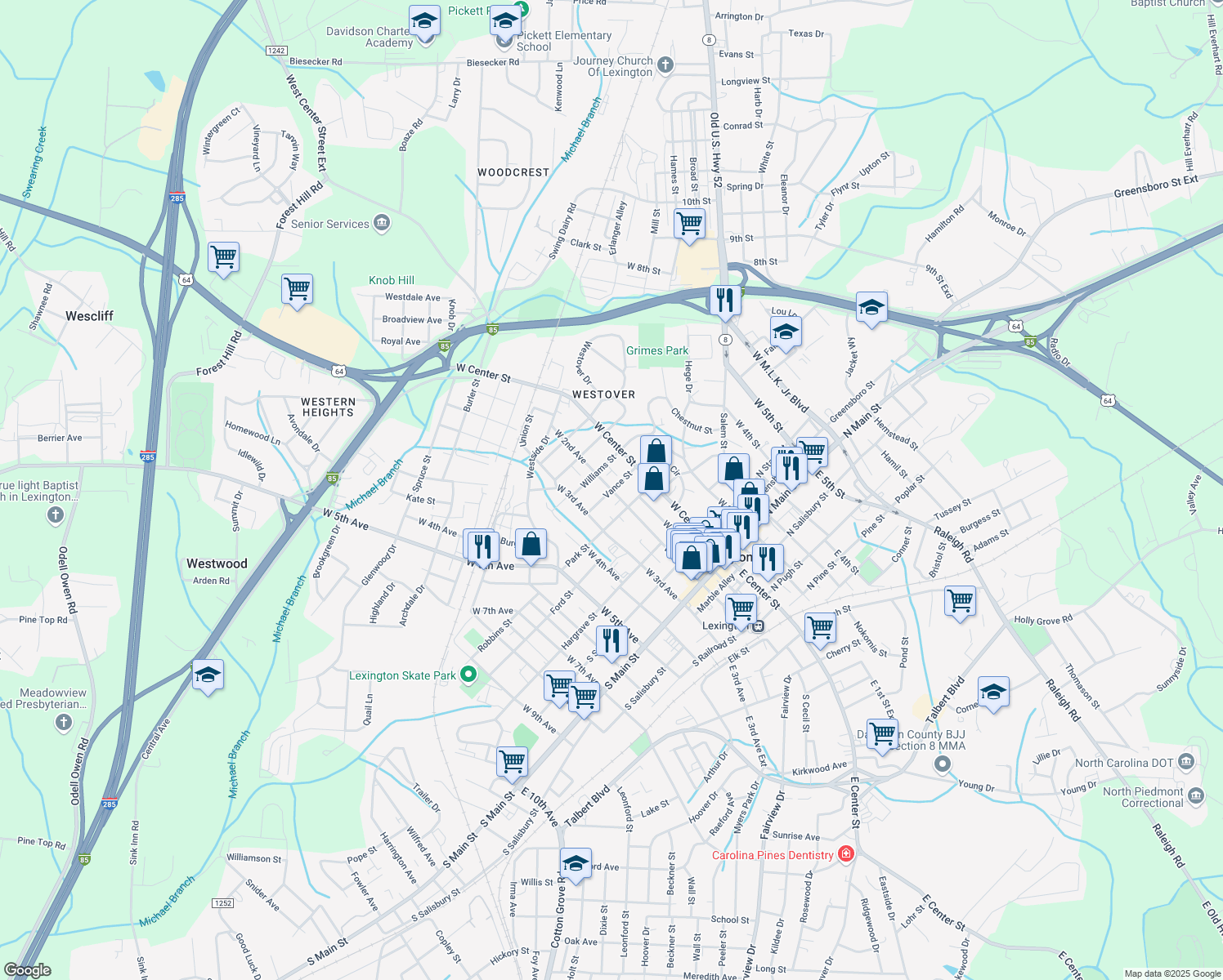 map of restaurants, bars, coffee shops, grocery stores, and more near Vance Street in Lexington