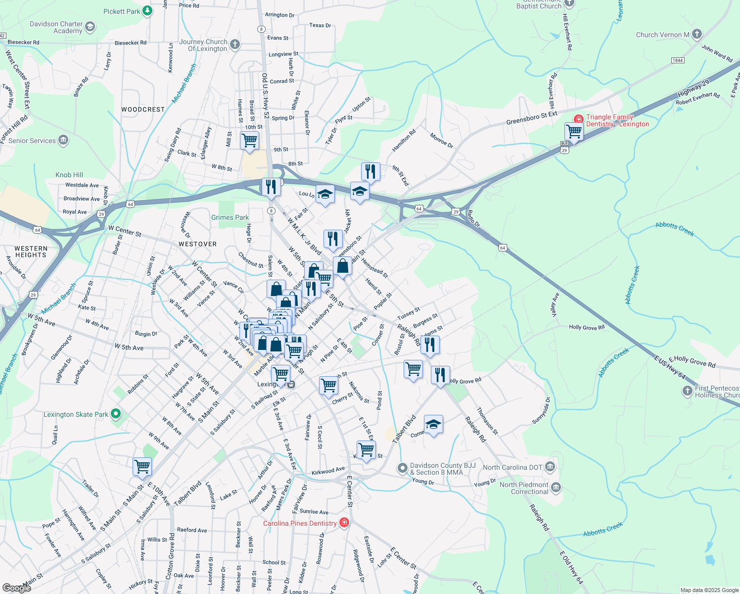 map of restaurants, bars, coffee shops, grocery stores, and more near 503 North Pugh Street in Lexington