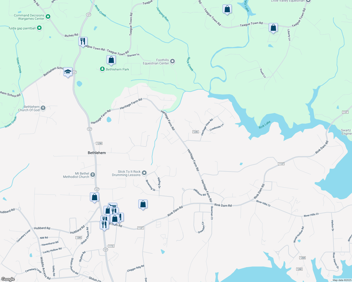 map of restaurants, bars, coffee shops, grocery stores, and more near Alexander Heritage Drive in Hickory