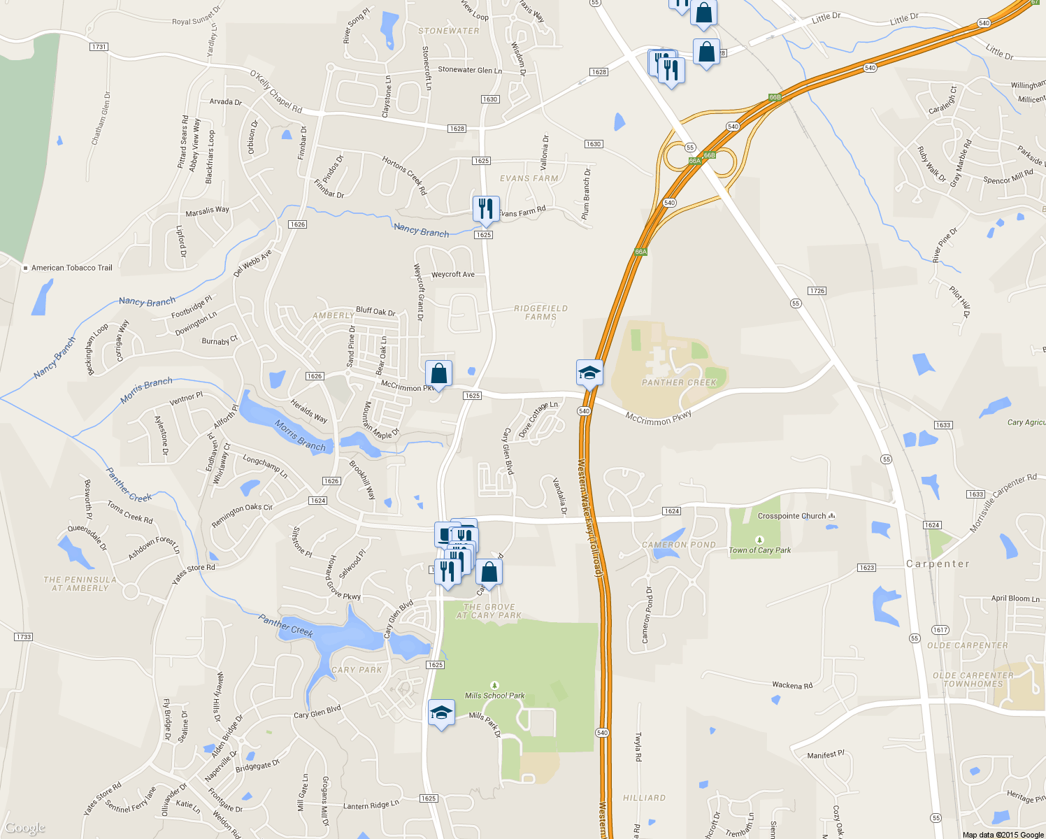 map of restaurants, bars, coffee shops, grocery stores, and more near 3819 Cary Glen Boulevard in Cary