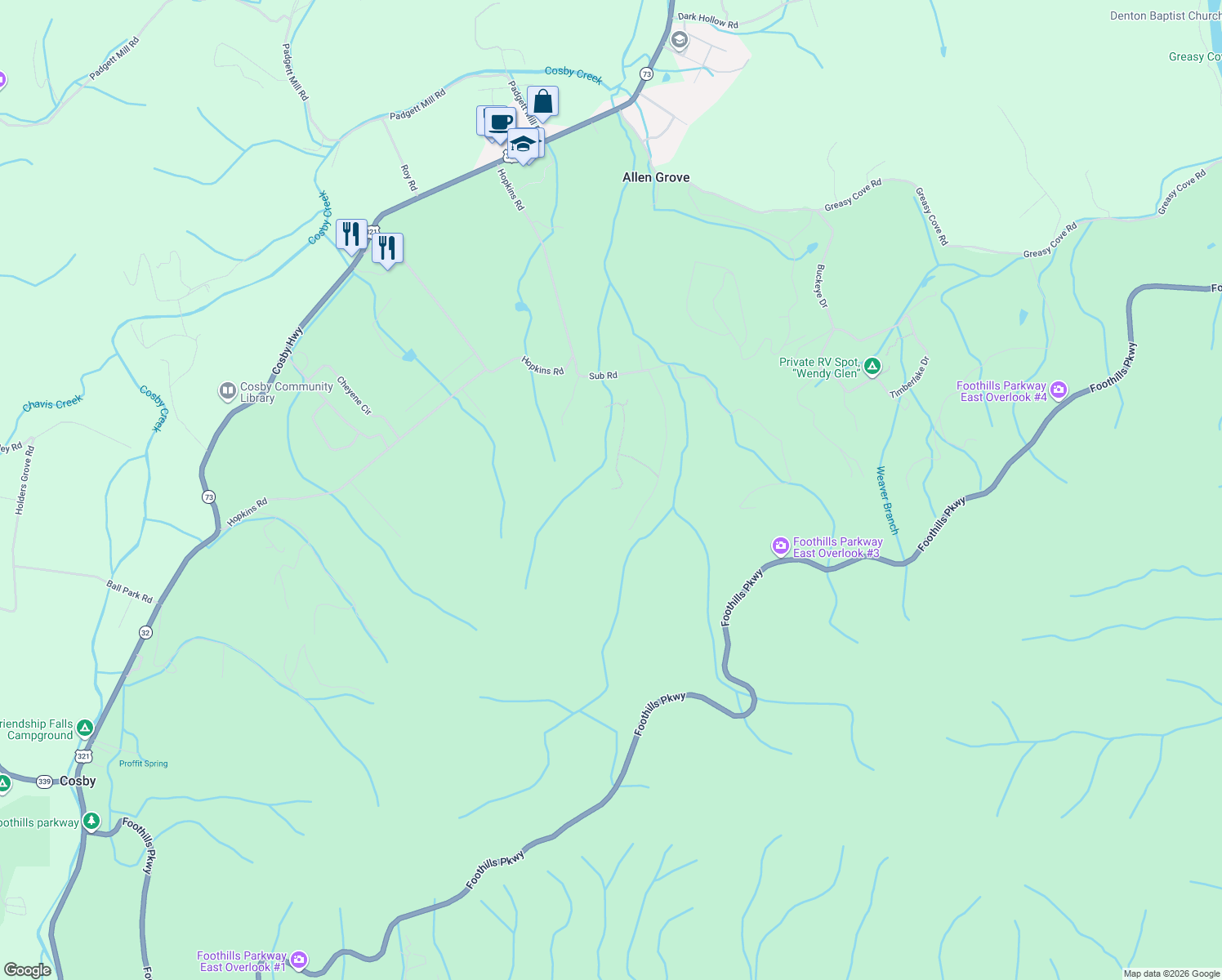 map of restaurants, bars, coffee shops, grocery stores, and more near 3396 Laurelwood Way in Cosby