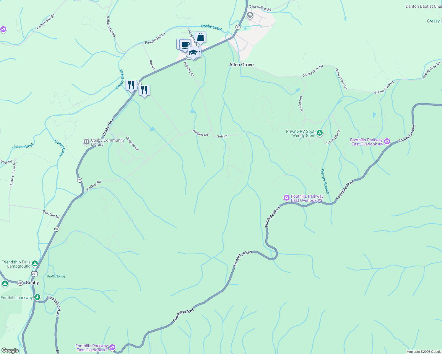 map of restaurants, bars, coffee shops, grocery stores, and more near 3396 Laurelwood Way in Cosby