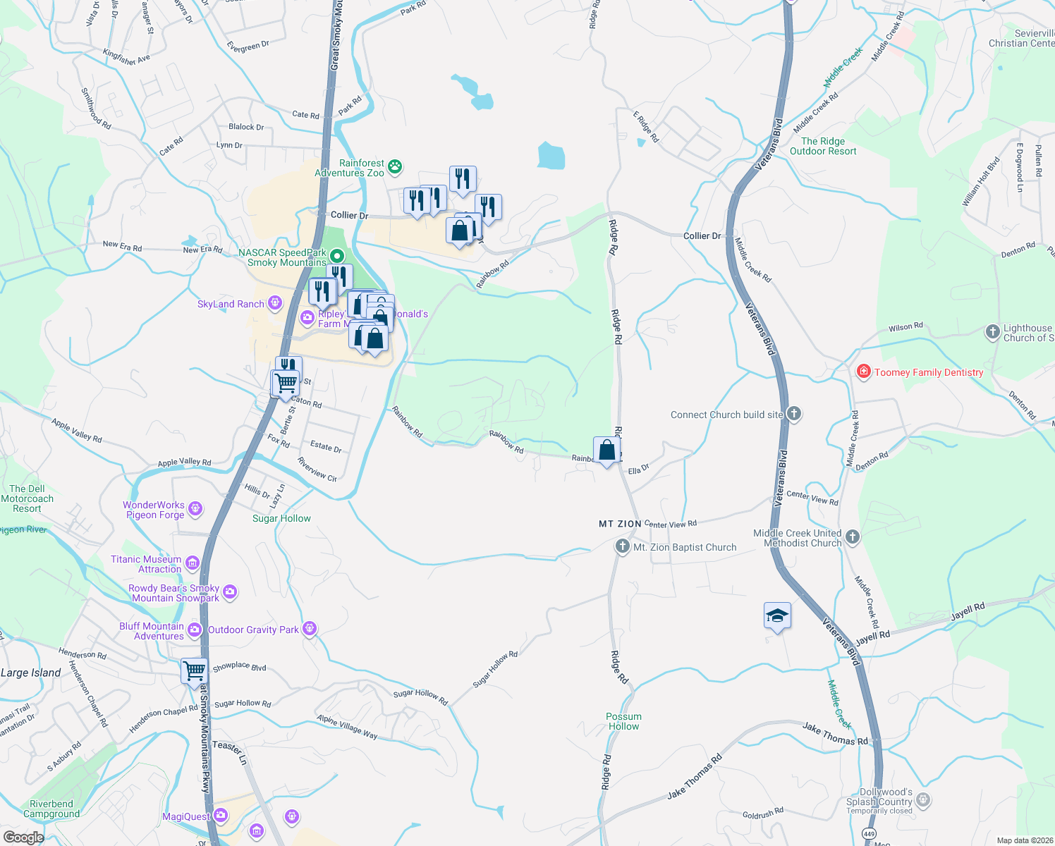 map of restaurants, bars, coffee shops, grocery stores, and more near 661 Rainbow Rd in Sevierville