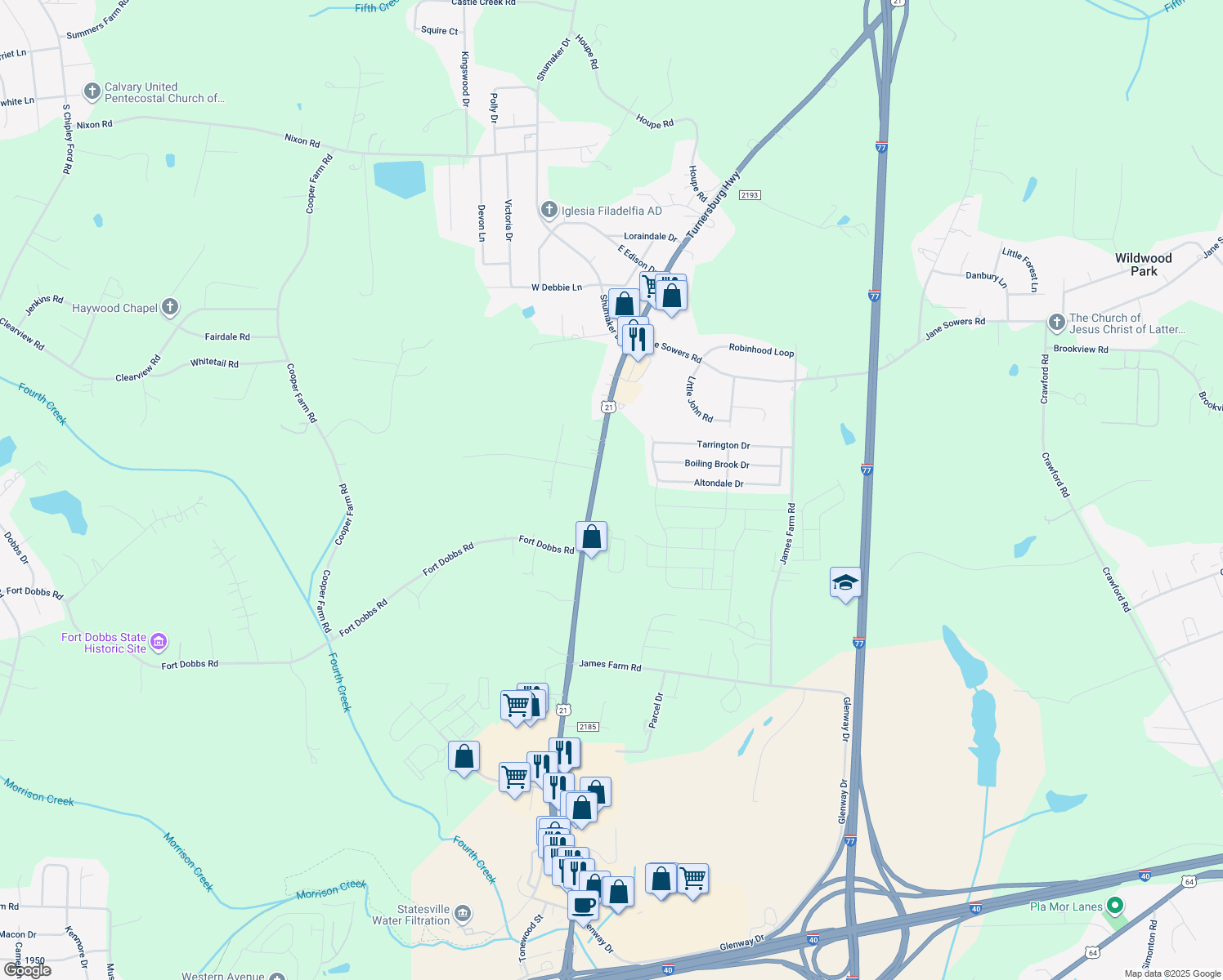 map of restaurants, bars, coffee shops, grocery stores, and more near 468 Turnersburg Highway in Statesville