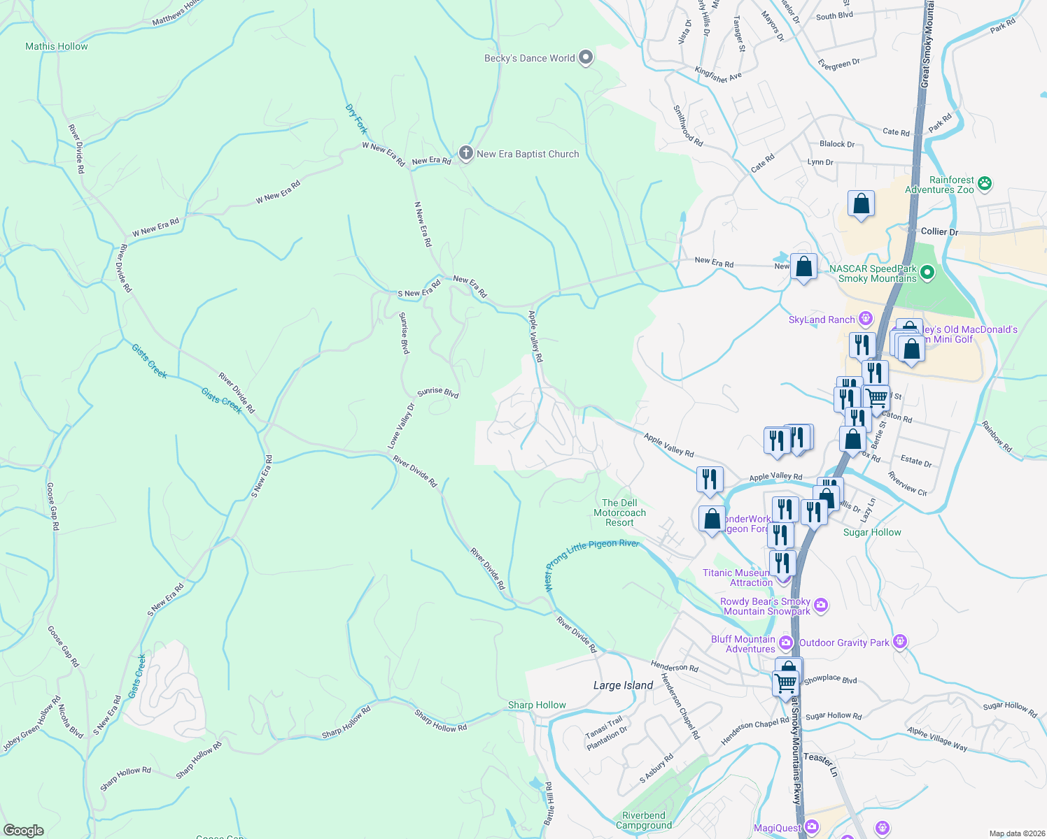 map of restaurants, bars, coffee shops, grocery stores, and more near 910 Deer Run Way in Sevierville