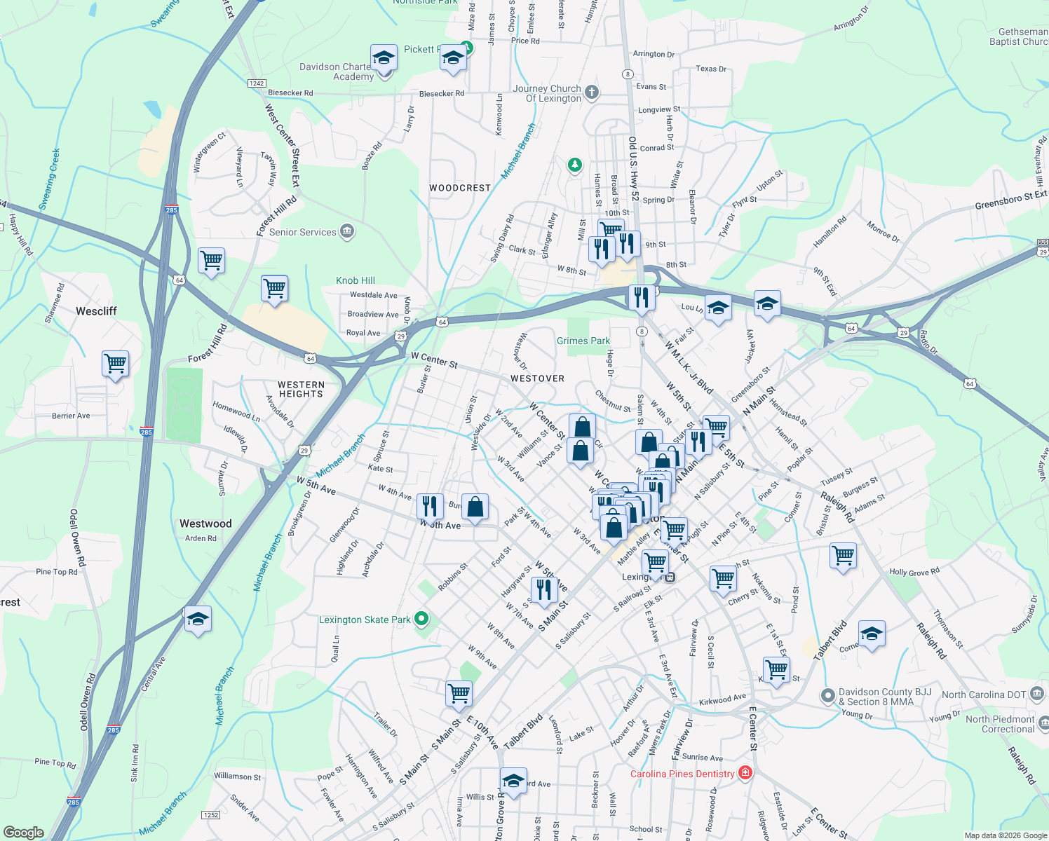 map of restaurants, bars, coffee shops, grocery stores, and more near 6 South Payne Street in Lexington
