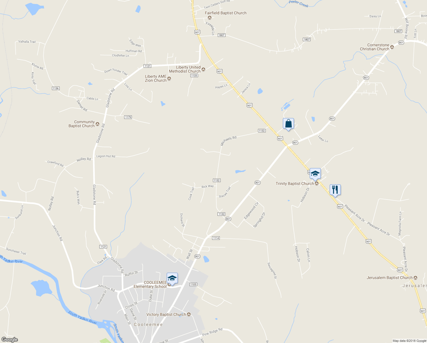 map of restaurants, bars, coffee shops, grocery stores, and more near 370 Michaels Road in Mocksville