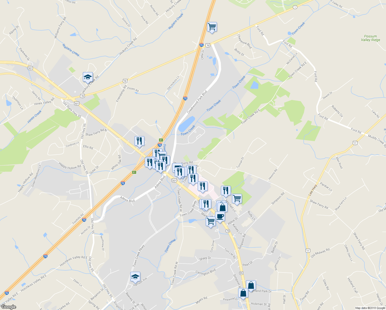 map of restaurants, bars, coffee shops, grocery stores, and more near 10910 Shaw Ferry Road in Lenoir City
