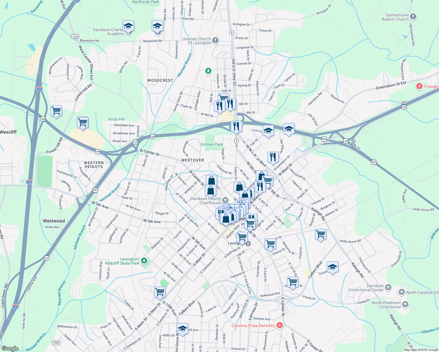 map of restaurants, bars, coffee shops, grocery stores, and more near 9 Hillcrest Circle in Lexington