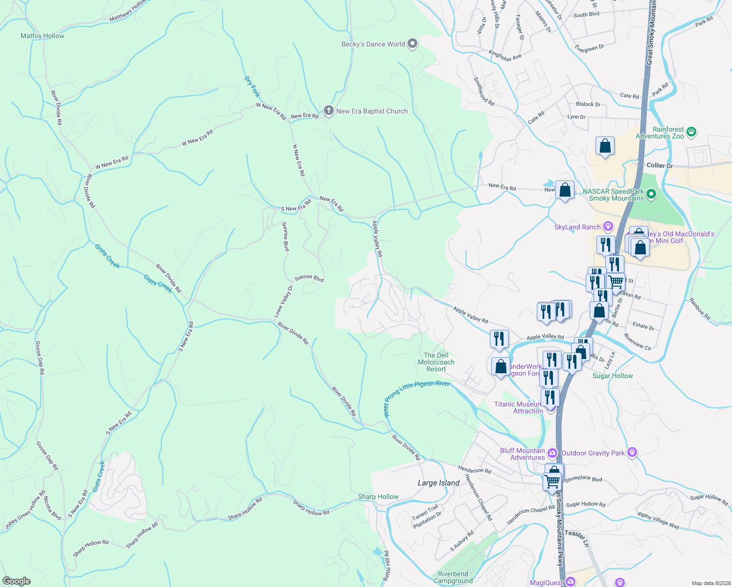 map of restaurants, bars, coffee shops, grocery stores, and more near 910 Deer Run Way in Sevierville