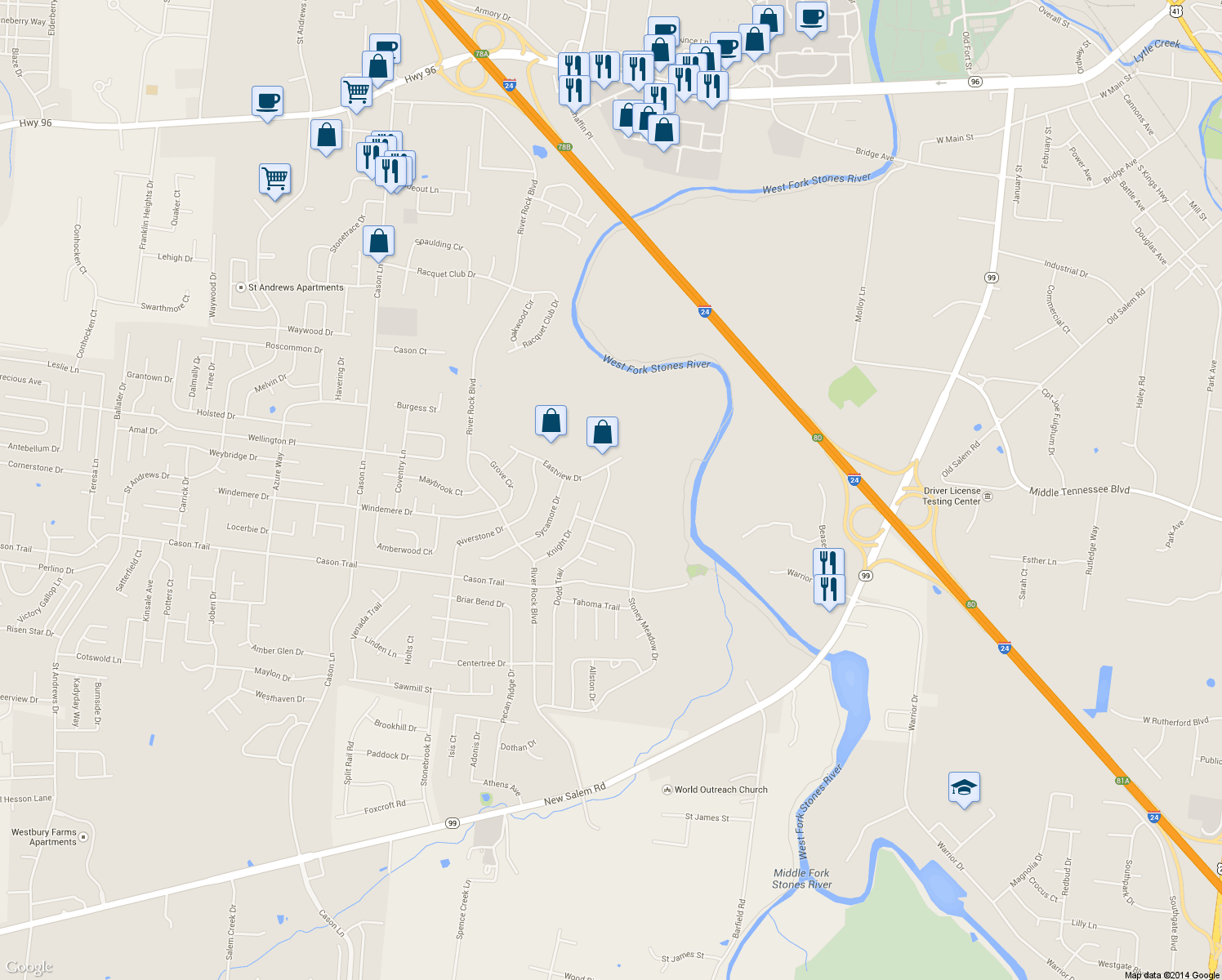 map of restaurants, bars, coffee shops, grocery stores, and more near 1315 Dodd Trail in Murfreesboro