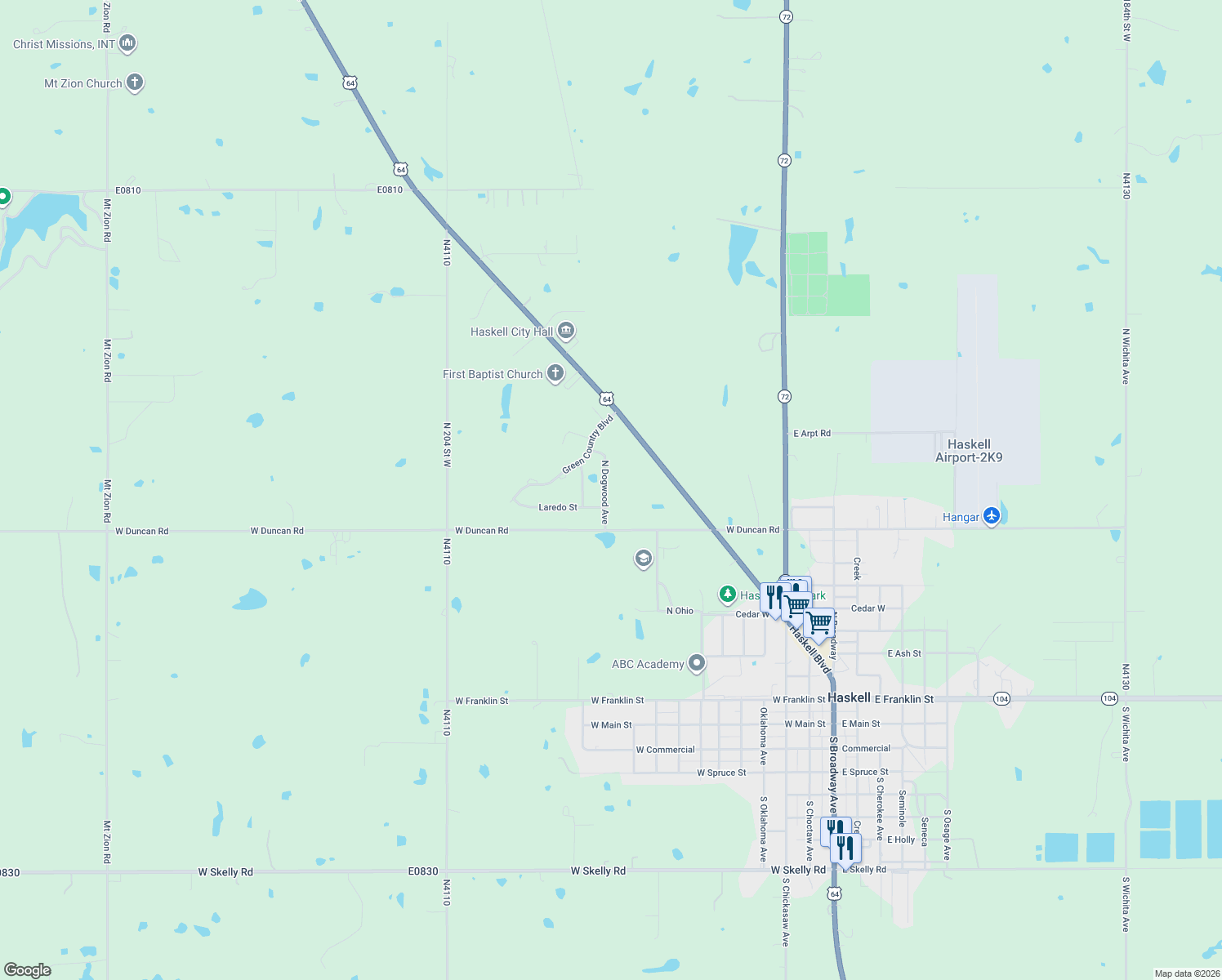 map of restaurants, bars, coffee shops, grocery stores, and more near 1110 Dogwood in Haskell
