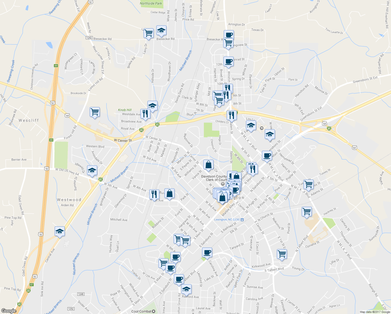 map of restaurants, bars, coffee shops, grocery stores, and more near 408 West Center Street in Lexington