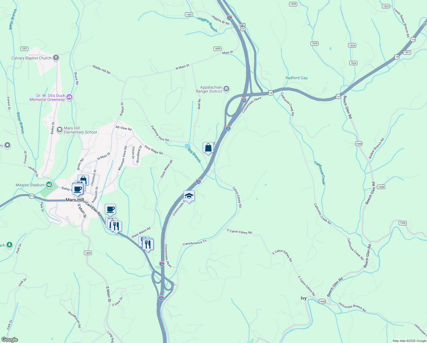 map of restaurants, bars, coffee shops, grocery stores, and more near Crossroads Parkway in Mars Hill