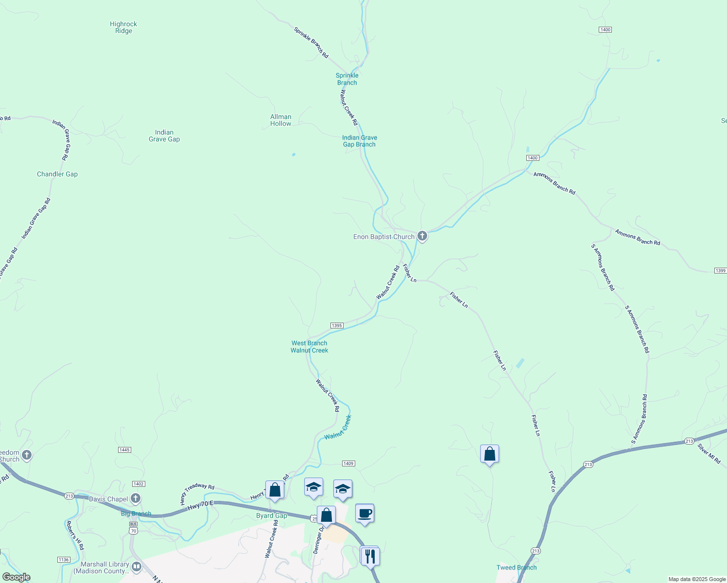 map of restaurants, bars, coffee shops, grocery stores, and more near 140 Country Cove Lane in Marshall