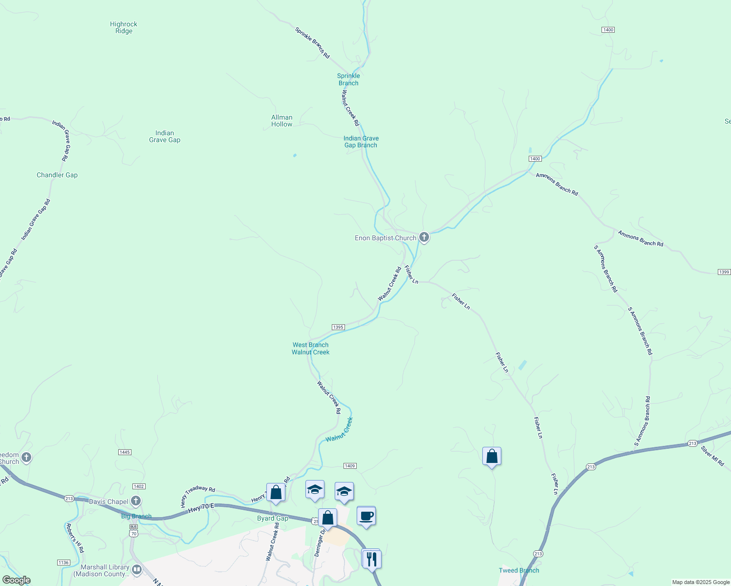 map of restaurants, bars, coffee shops, grocery stores, and more near 140 Country Cove Lane in Marshall