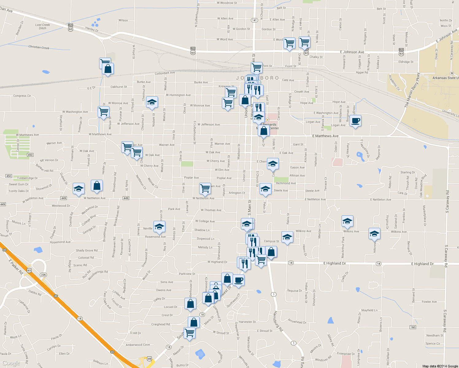 map of restaurants, bars, coffee shops, grocery stores, and more near 314 W Strawn Ave in Jonesboro