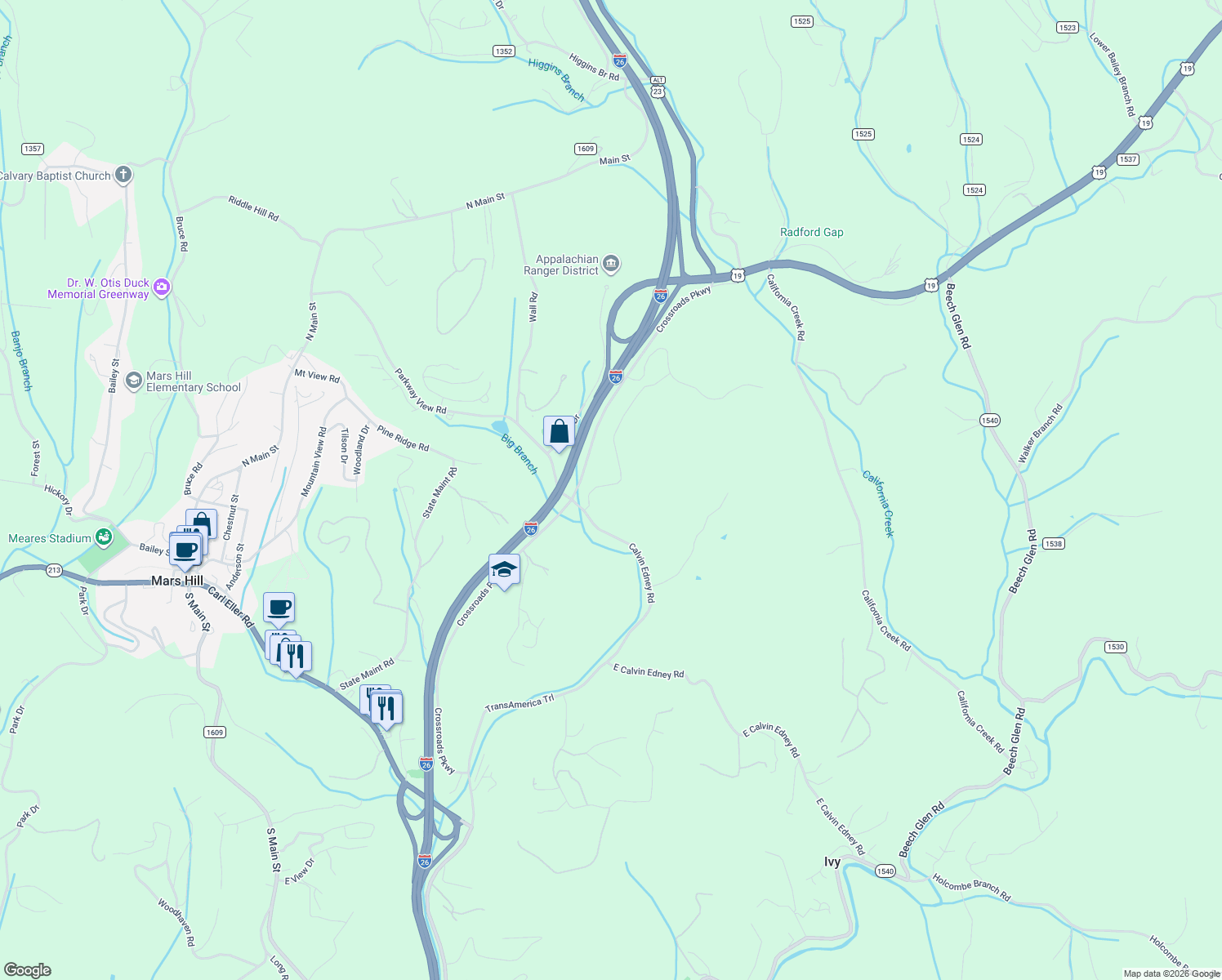 map of restaurants, bars, coffee shops, grocery stores, and more near 119 Calvin Edney Road in Mars Hill