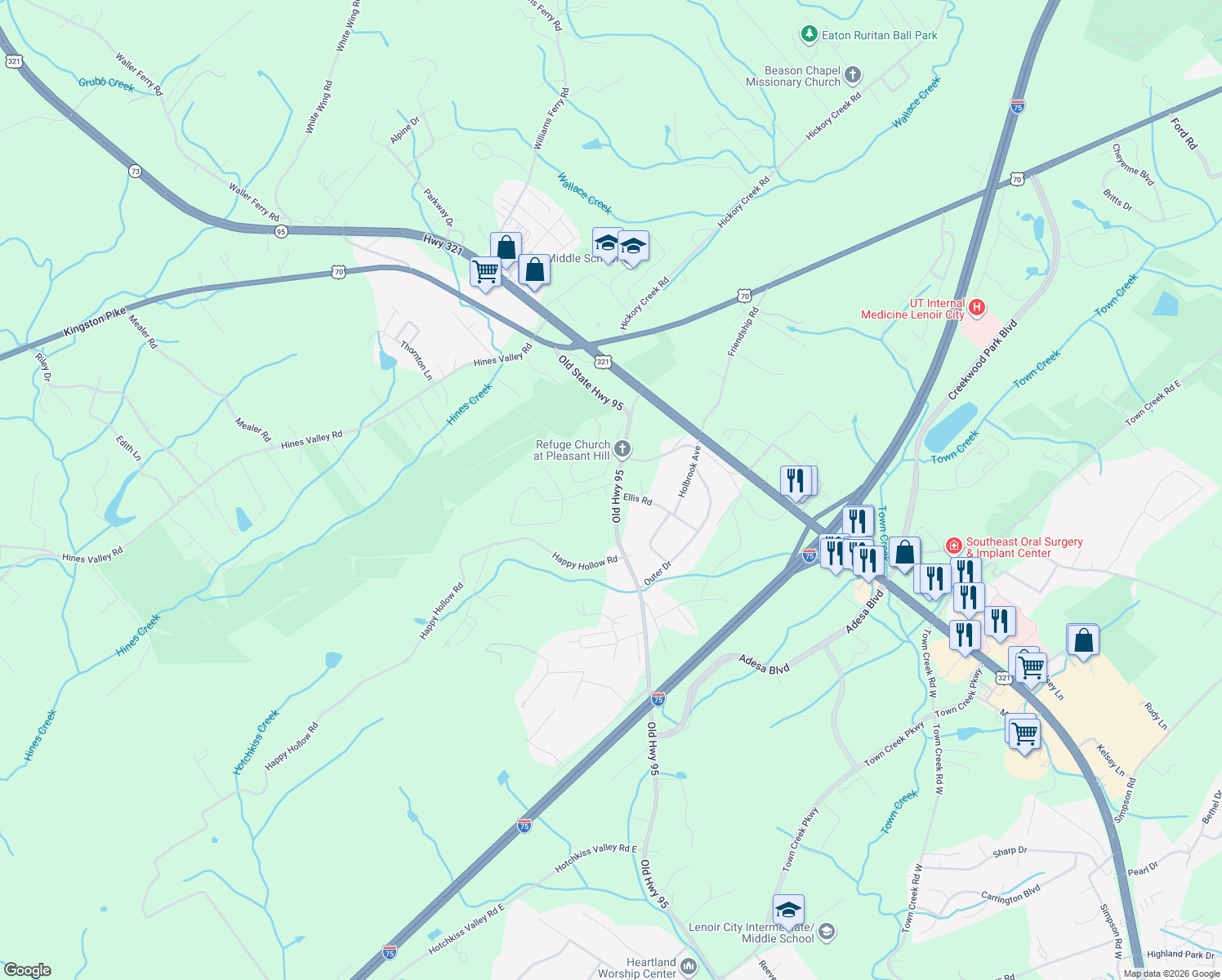 map of restaurants, bars, coffee shops, grocery stores, and more near 115 Del Rio Lane in Lenoir City