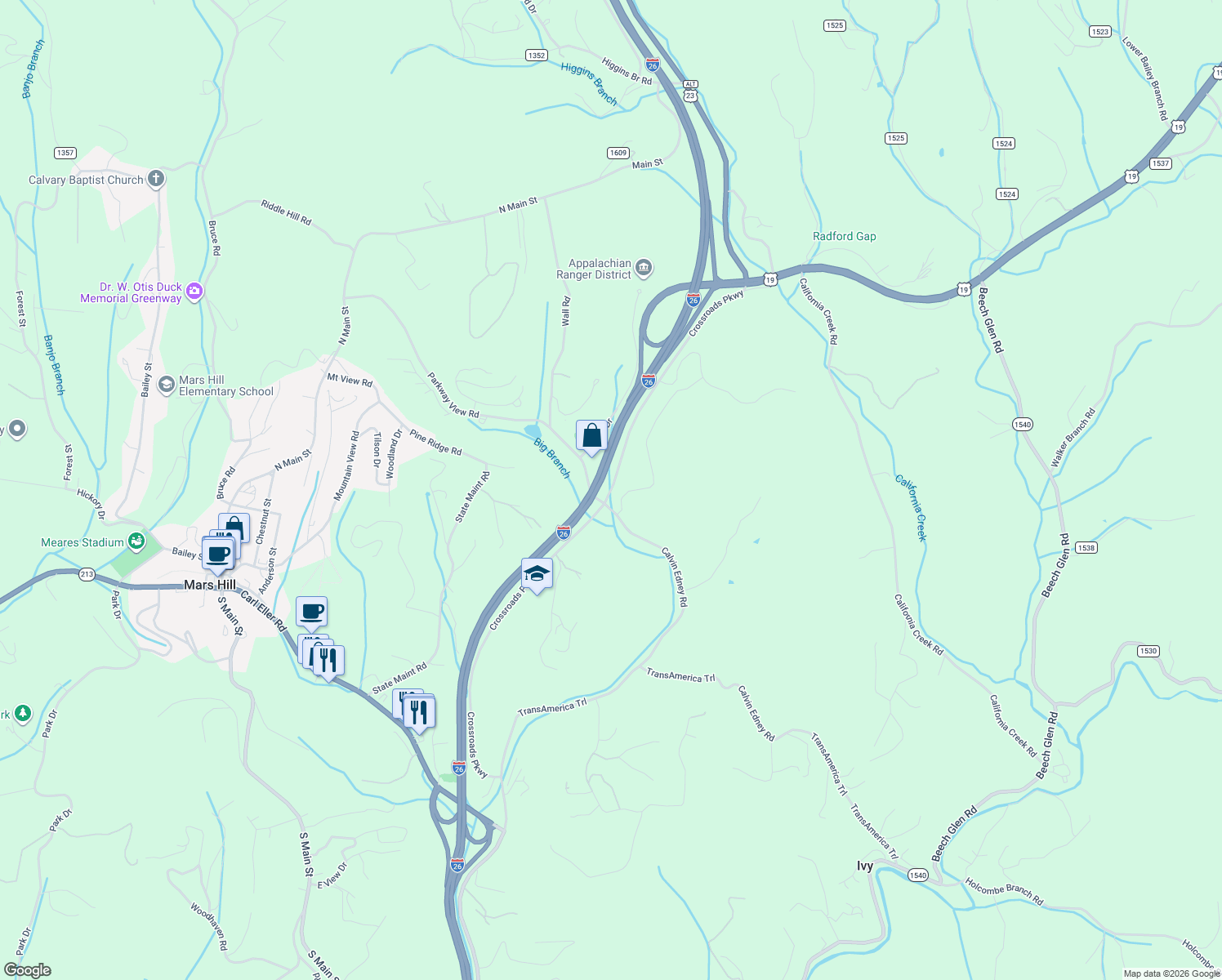 map of restaurants, bars, coffee shops, grocery stores, and more near Crossroads Parkway in Mars Hill