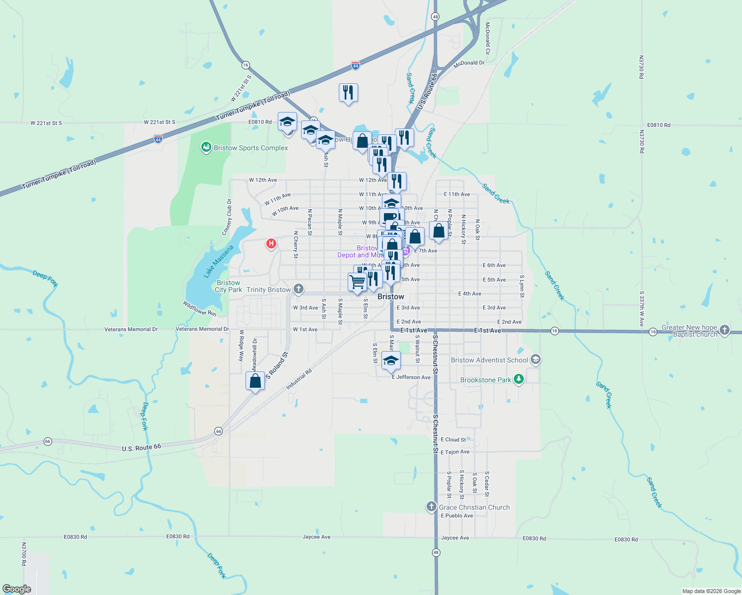 map of restaurants, bars, coffee shops, grocery stores, and more near 144 W 4th Ave in Bristow