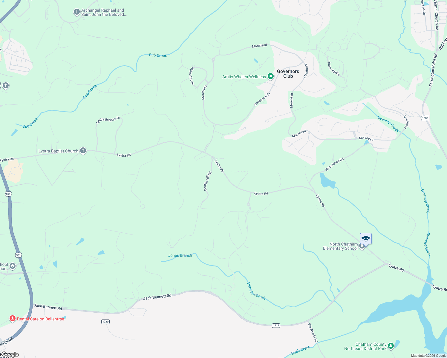 map of restaurants, bars, coffee shops, grocery stores, and more near 1970 Lystra Road in Chapel Hill