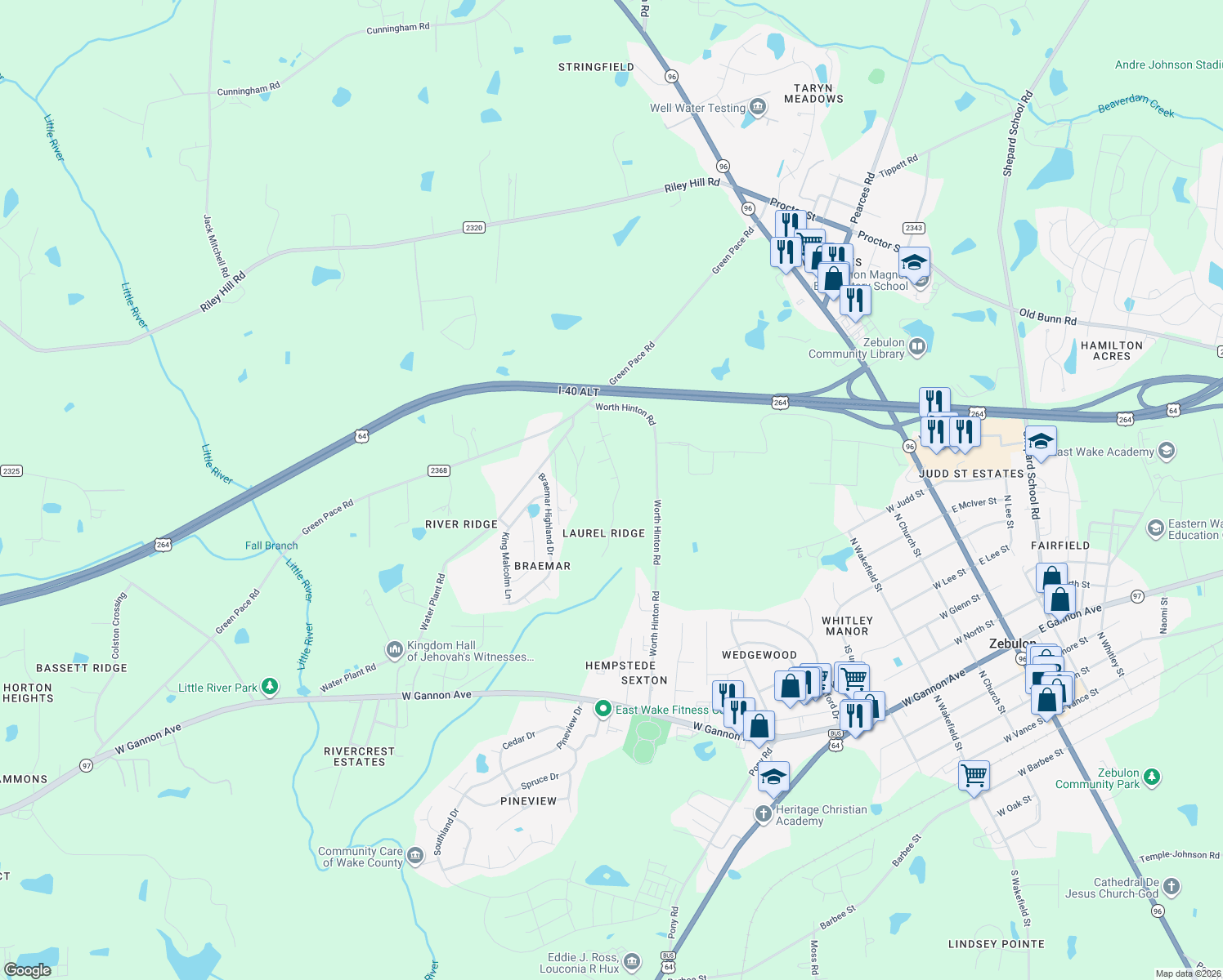 map of restaurants, bars, coffee shops, grocery stores, and more near 1024 Laurel Leaf Road in Zebulon