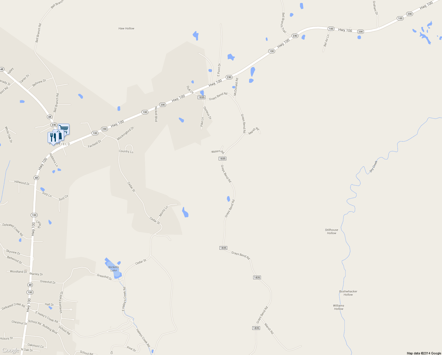 map of restaurants, bars, coffee shops, grocery stores, and more near 2517 Grays Bend Road in Centerville