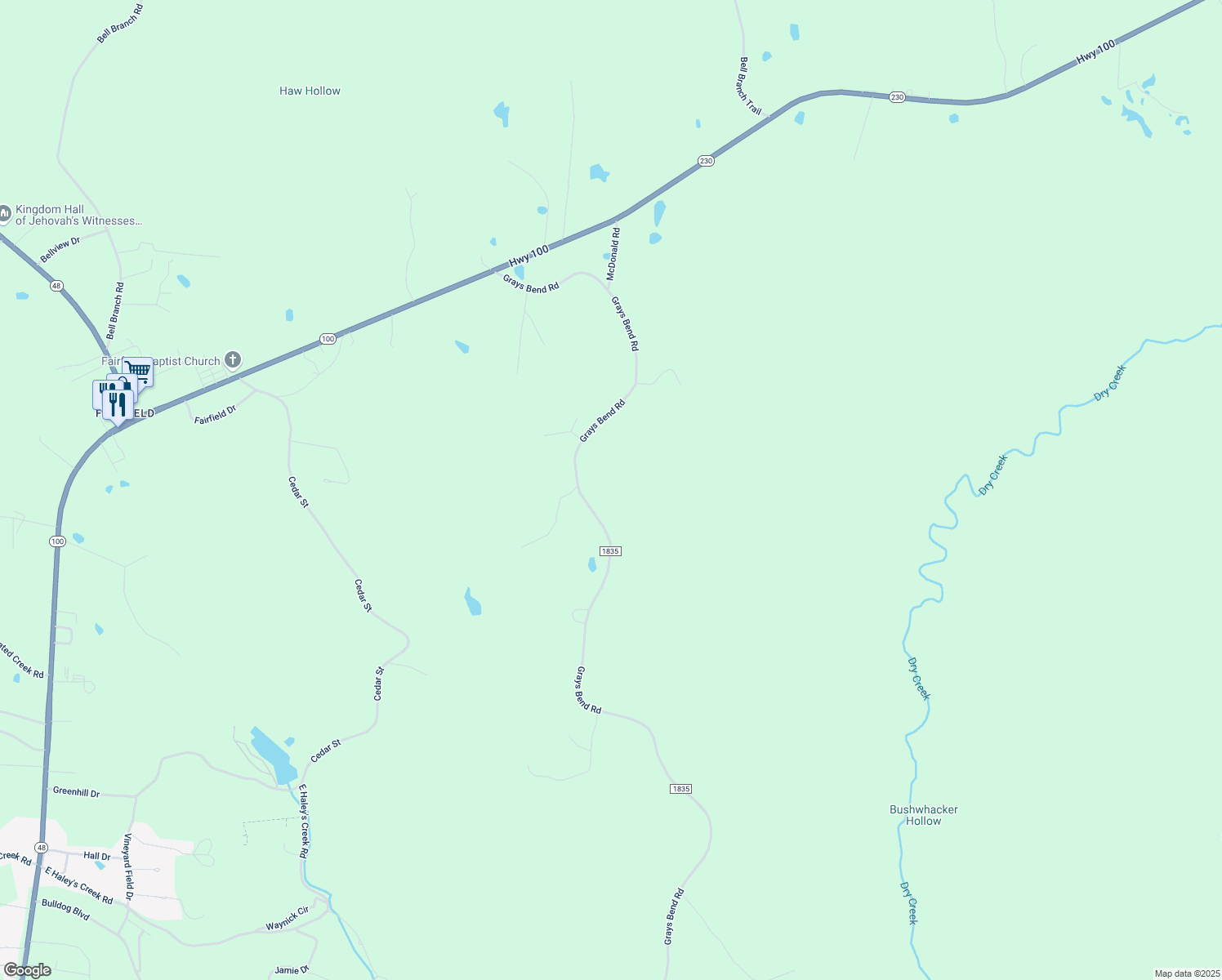 map of restaurants, bars, coffee shops, grocery stores, and more near 2556 Grays Bend Road in Centerville