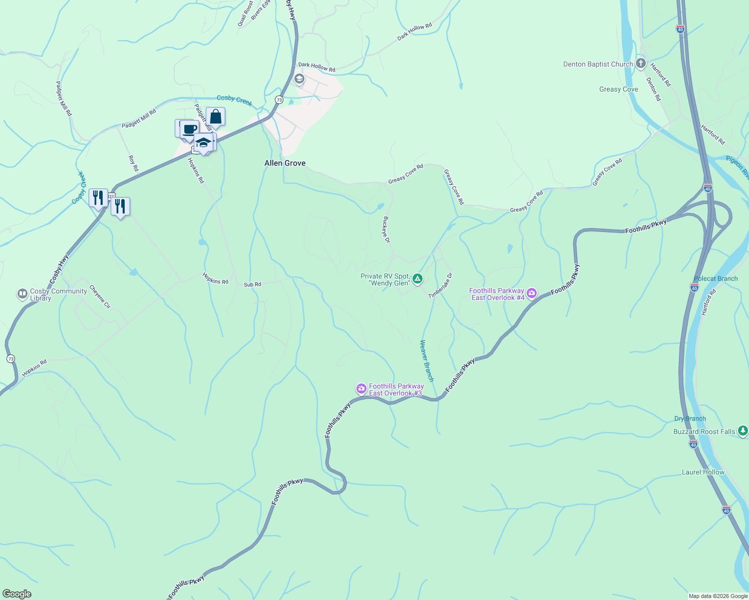 map of restaurants, bars, coffee shops, grocery stores, and more near 2721 Buckeye Drive in Cosby