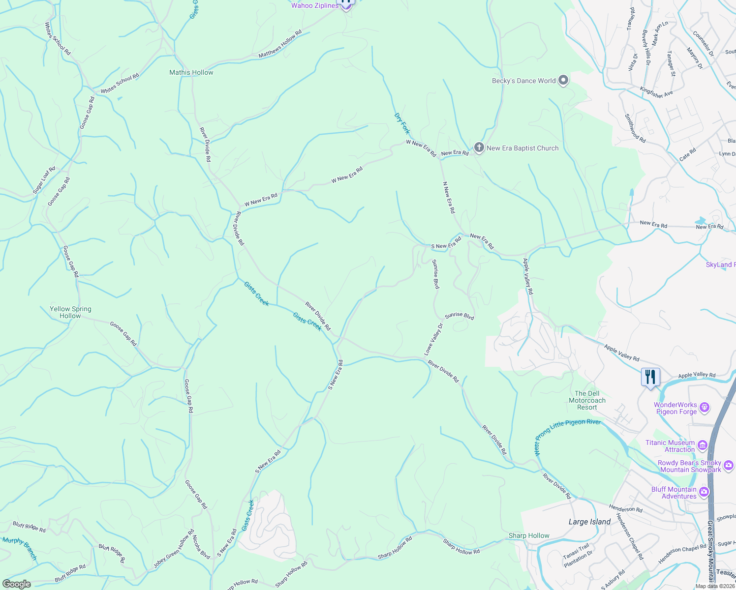 map of restaurants, bars, coffee shops, grocery stores, and more near 921 South New Era Road in Sevierville