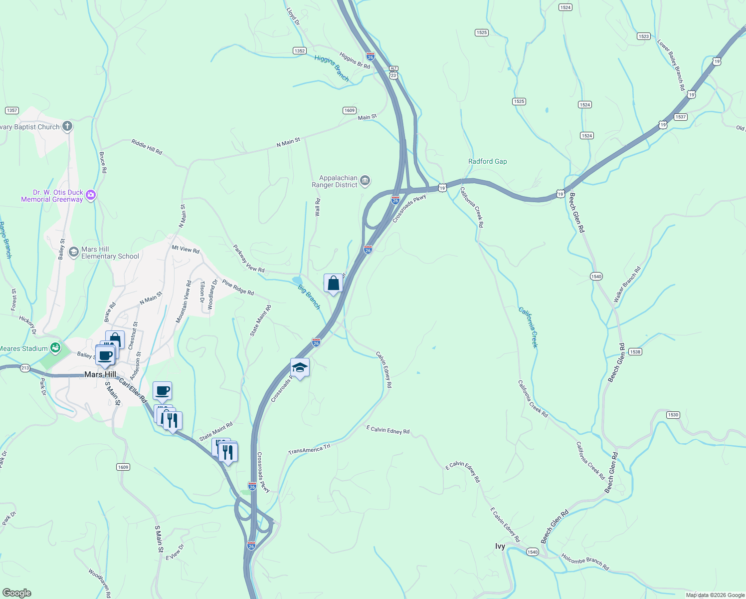 map of restaurants, bars, coffee shops, grocery stores, and more near 300 Little Ivy Church Road in Mars Hill