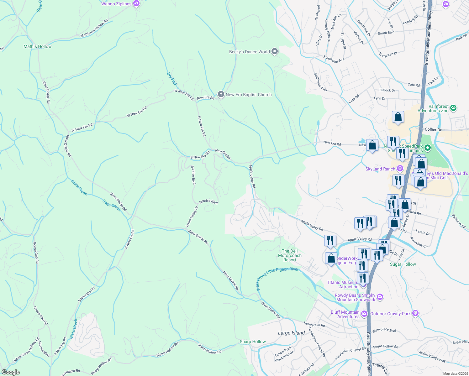 map of restaurants, bars, coffee shops, grocery stores, and more near 1629 Paradise Ridge Drive in Sevierville