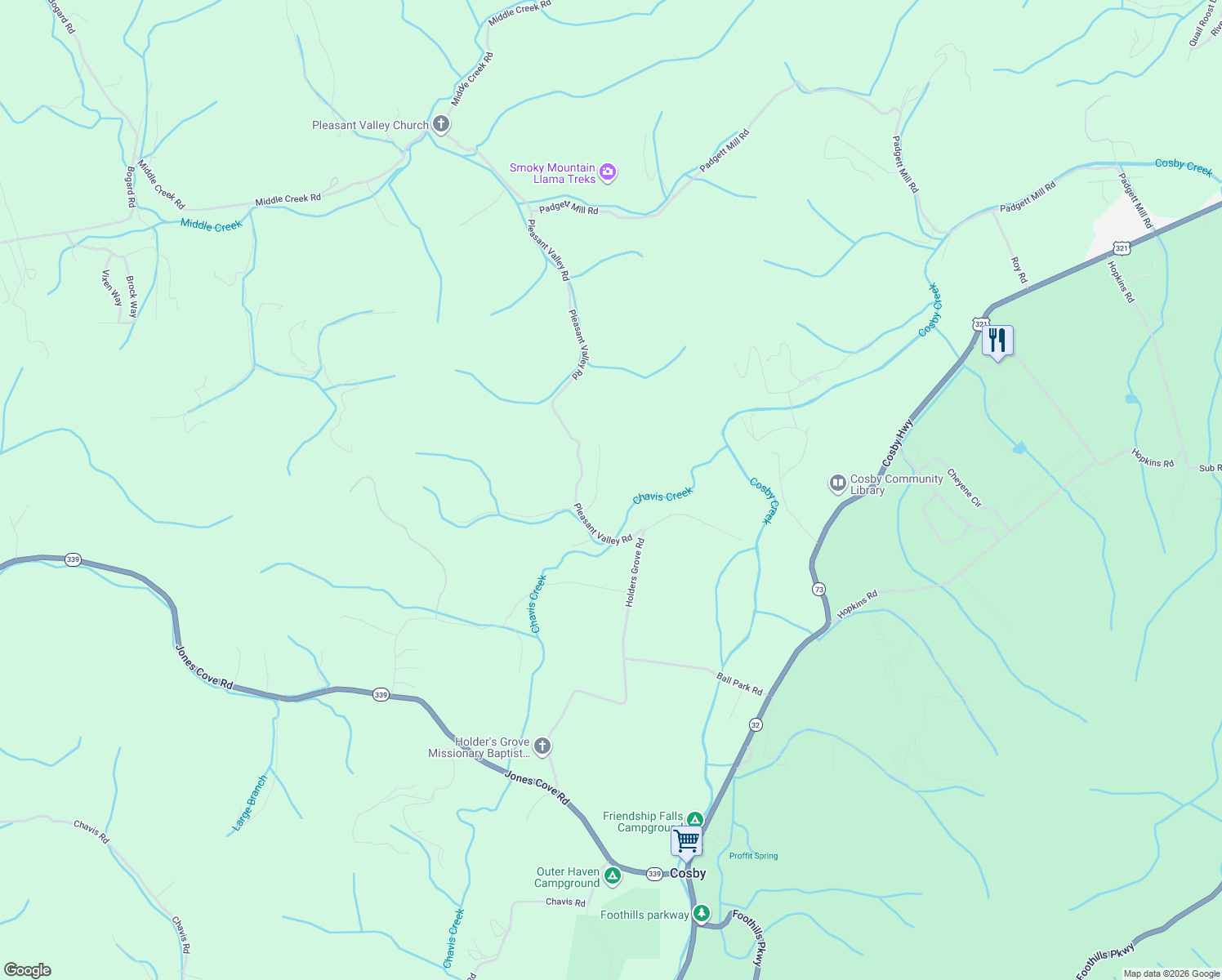 map of restaurants, bars, coffee shops, grocery stores, and more near 632 Little Bear Way in Cosby