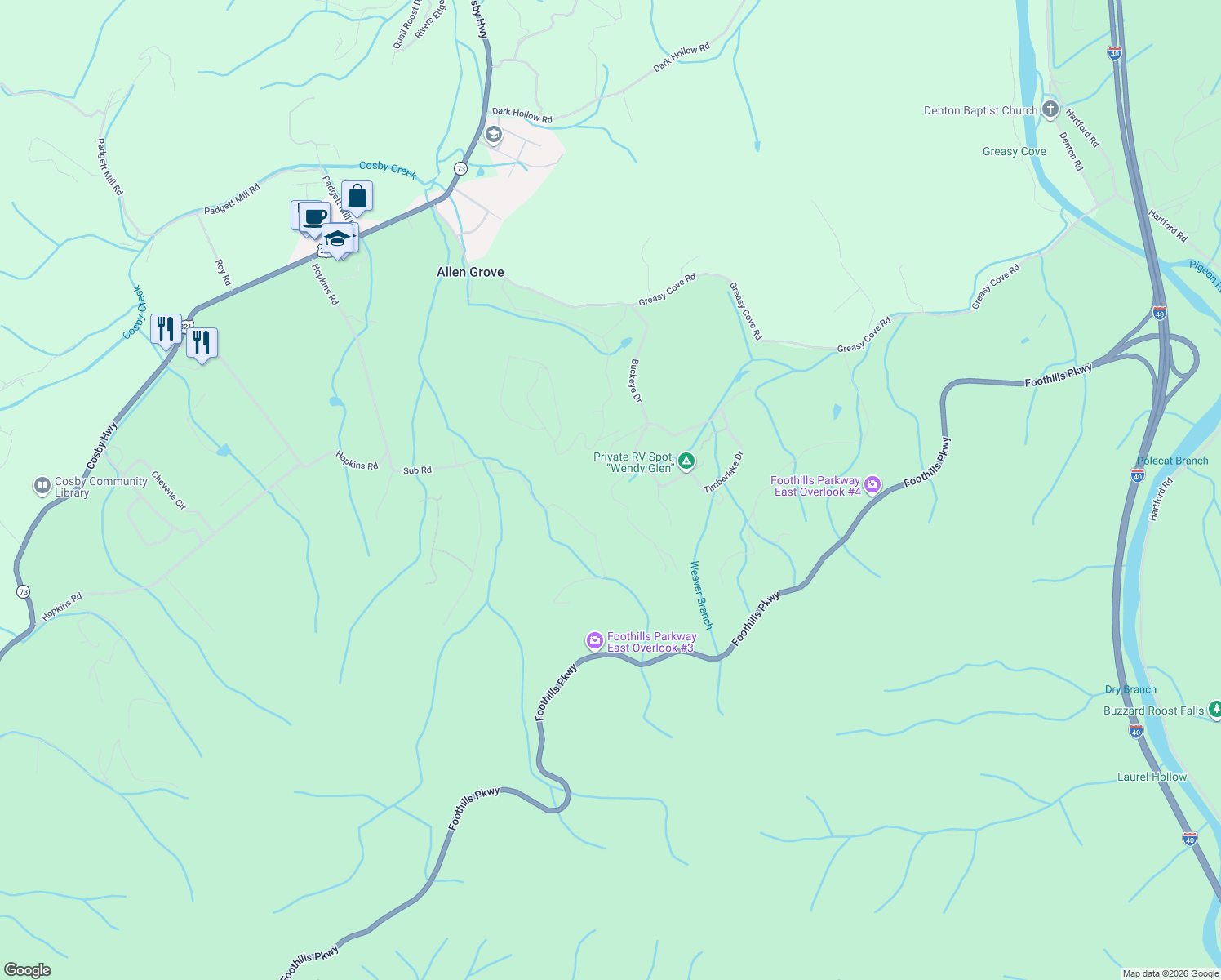 map of restaurants, bars, coffee shops, grocery stores, and more near 2721 Buckeye Drive in Cosby