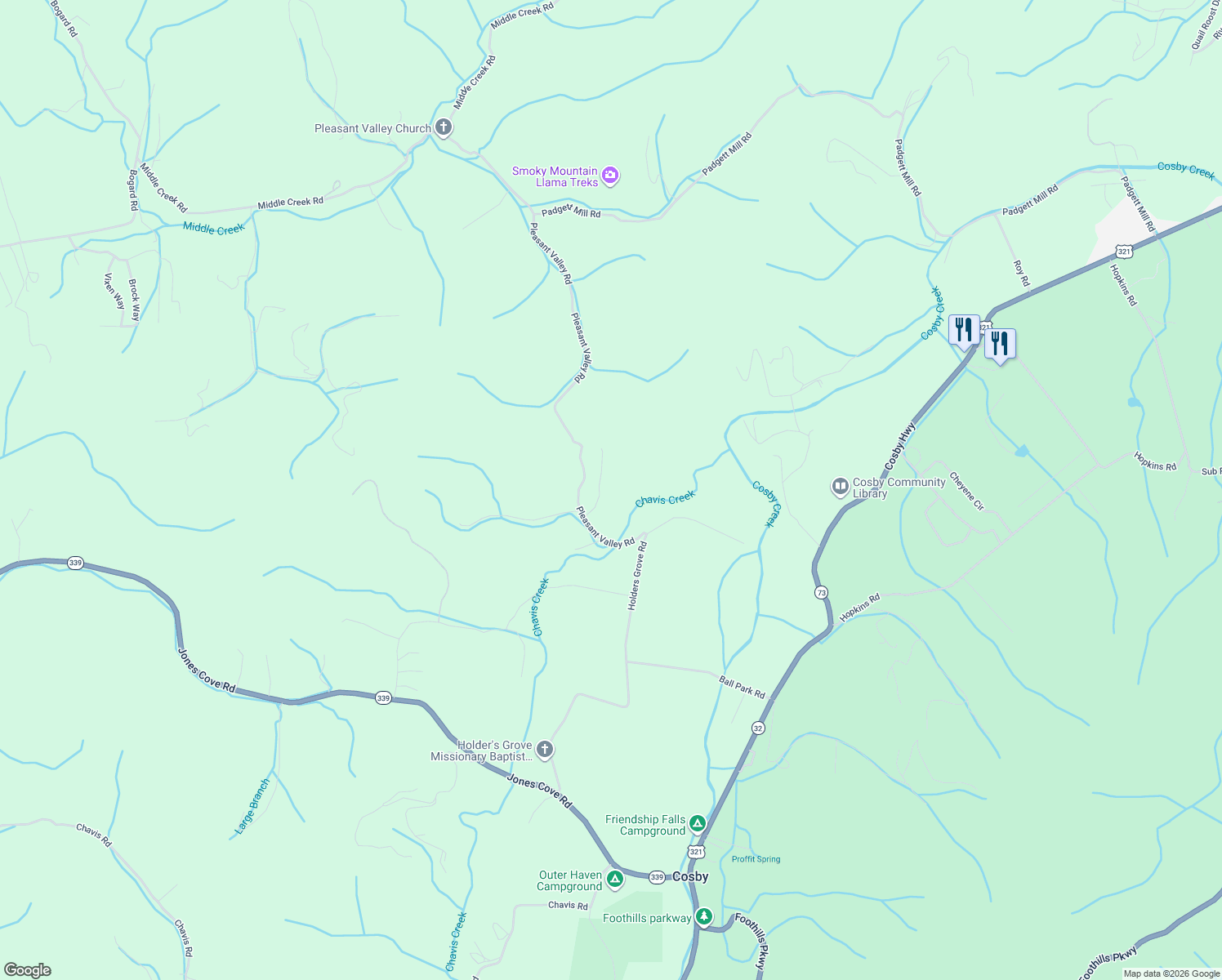 map of restaurants, bars, coffee shops, grocery stores, and more near 632 Little Bear Road in Cosby