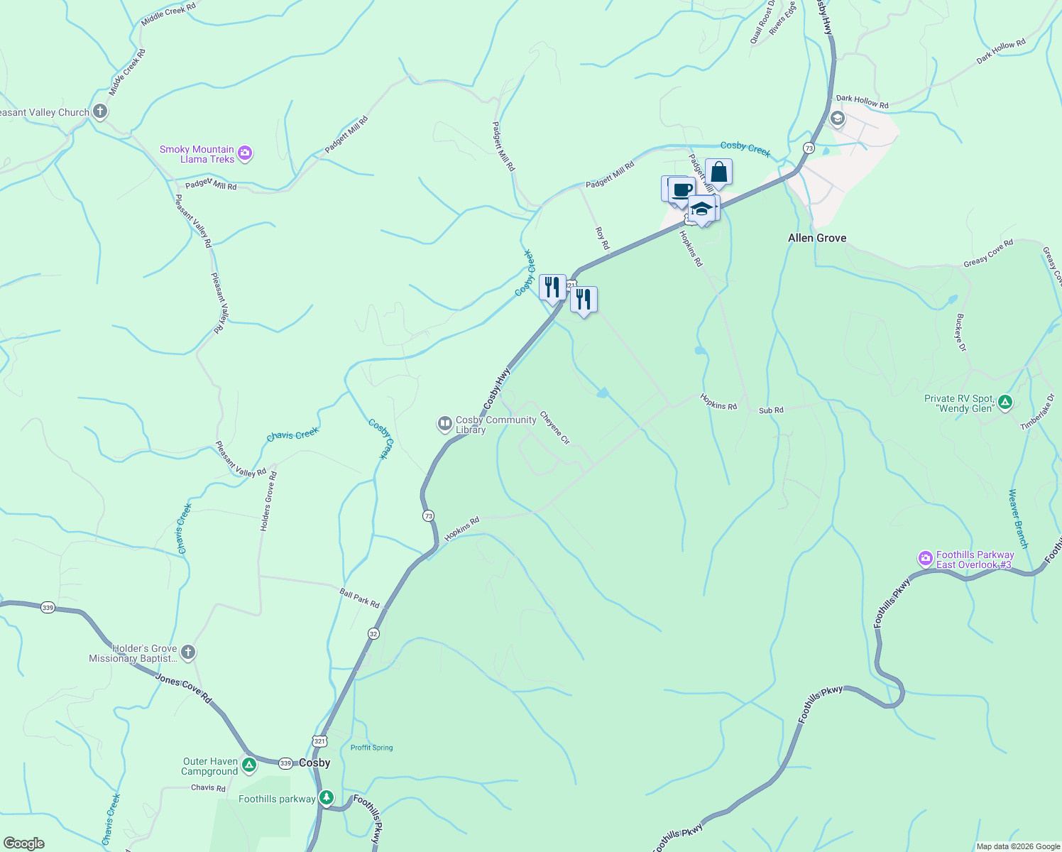 map of restaurants, bars, coffee shops, grocery stores, and more near 126 Wilderness Trail in Cosby